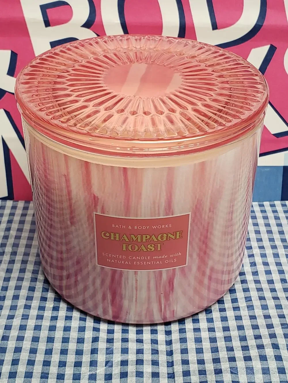 BBW Champagne Toast Beautiful Pink Glass Lid Large 3 Wick Candle Home Fragrance